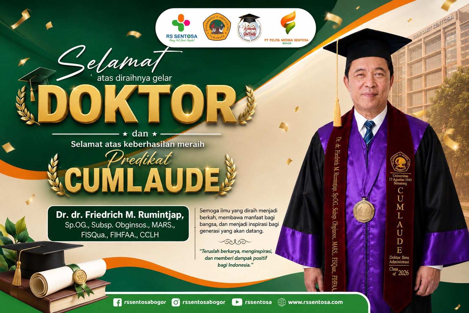 Komisaris Utama PT Pelita Medika Sentosa Raih Doktor Cum Laude, Perkuat Komitmen terhadap Mutu RS Sentosa Bogor